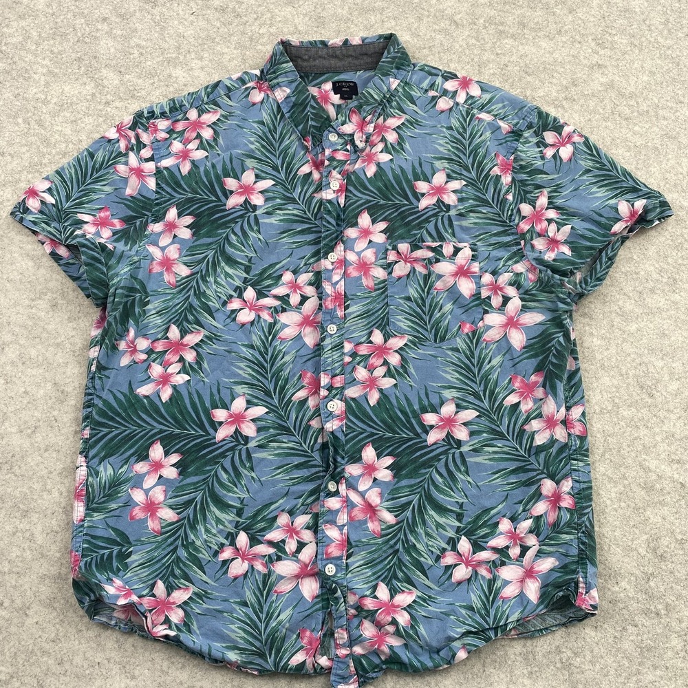 J Crew Shirt Mens XL Blue Floral Hawaiian Aloha Short Sleeve Button Up Casual